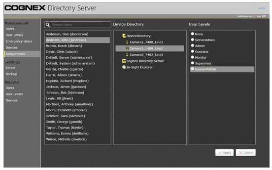 显示定制用户级别、分配和设备的 Cognex Directory Server 界面示例。   