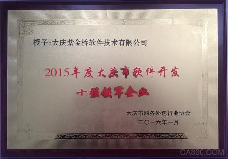 大庆紫金桥软件技术有限公司喜获2015年度大庆市软件开发十强领军企业
