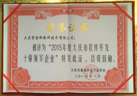 大庆紫金桥软件技术有限公司喜获2015年度大庆市软件开发十强领军企业