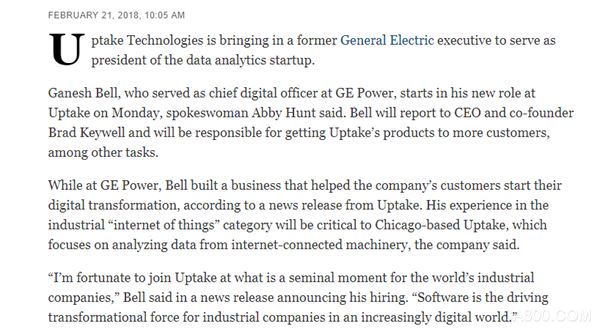 GE Power首席数字官加盟工业互联网数据分析初创公司