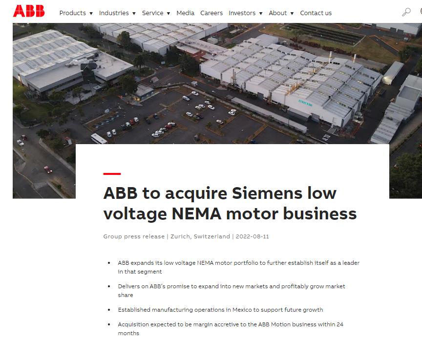 ABB宣布收購西門子低壓NEMA電機業務