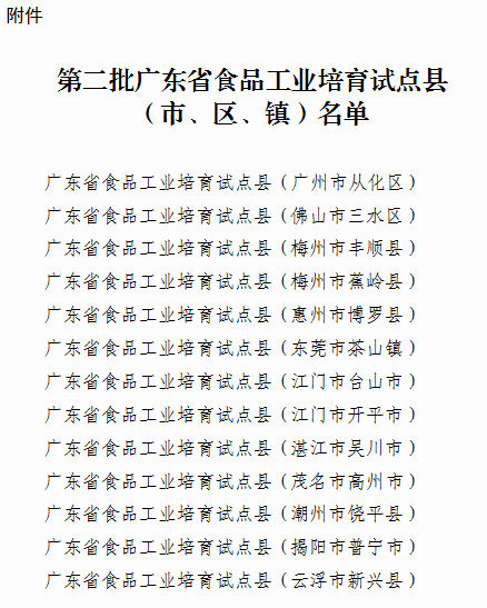 广东省工业和信息化厅广东省农业农村厅关于第二批广东省食品工业培育试点县（市、区、镇）名单的公示